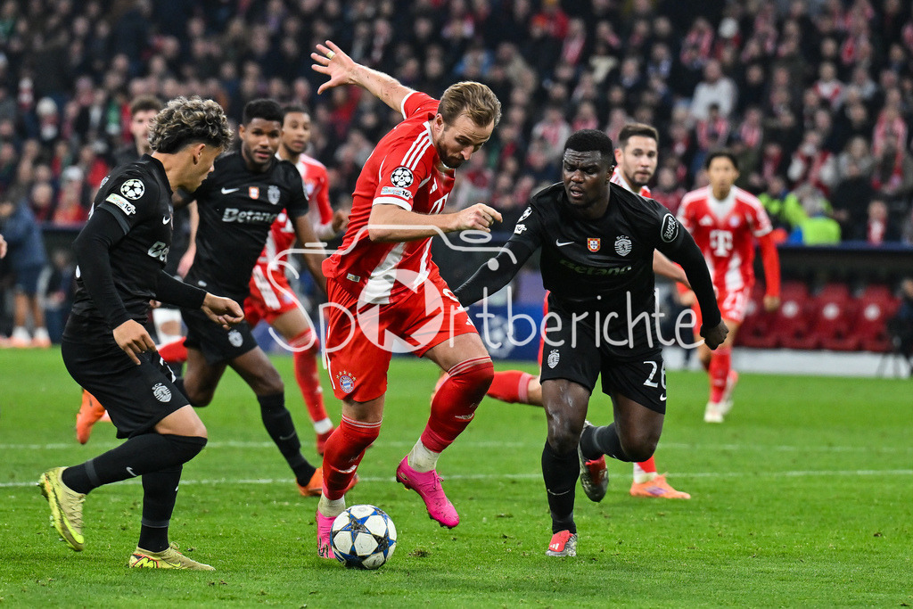 FC Bayern München - Sporting Lissabon | MUNICH, GERMANY - 09. DECEMBER: v. l. Maximiliano ARAUJO (Sporting CP 20), Harry KANE (FC Bayern Munich 9) und Ousmane DIOMANDE (Sporting CP 26) während dem Match zwischen dem FC Bayern München und Sporting Lissabon am 6. Spieltag der UEFA Champions League Ligaphase in der Allianz Arena