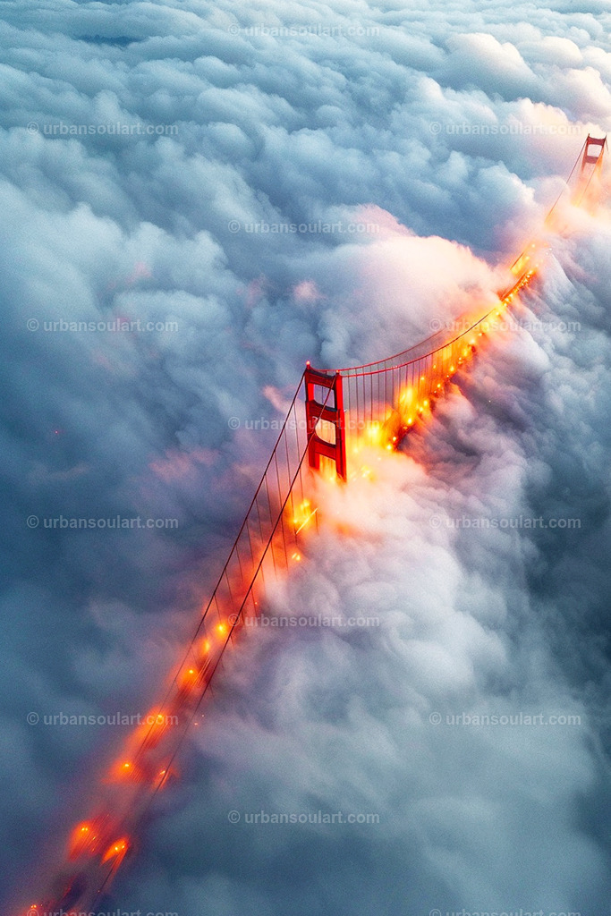 Golden Gate Bridge In The Clouds | This breathtaking aerial view of the Golden Gate Bridge emerging from thick clouds showcases the structure’s beauty and mystique. Ideal for travelers and architecture enthusiasts, this piece adds an iconic landmark with an ethereal twist to your decor. - Realisiert mit Pictrs.com
