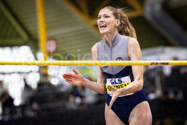 Deutsche Leichtathletik-Hallenmeisterschaften; Dortmund, 28.02.2026 | Imke Onnen (Cologne Athletics, 332) freut sich beim Hochsprung; Deutsche Leichtathletik-Hallenmeisterschaften am 28.02.2026 in der Helmut-Körnig-Halle in Dortmund. 