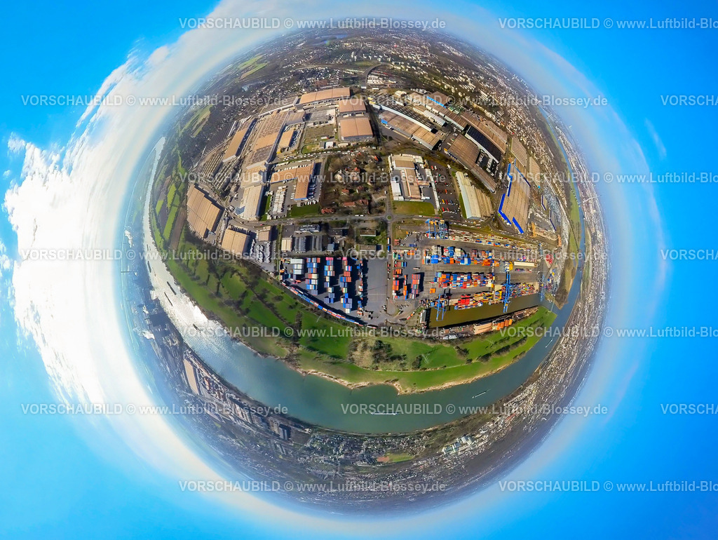 Duisburg240390017LogPortIRheinhausen-2 | Luftbild, logport I Rheinhausen am Fluss Rhein, Containerhafen, Duisburg Hafen D3T Duisburg Trimodal Terminal, AutomobilLogistik, Erdkugel, Fisheye Aufnahme, Fischaugen Aufnahme, 360 Grad Aufnahme, tiny world, little planet, fisheye Bild, Friemersheim, Duisburg, Ruhrgebiet, Nordrhein-Westfalen, Deutschland, Duisburg-fish