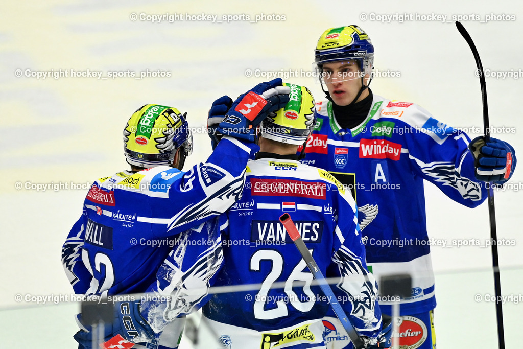 EC IDM Wärmepumpen VSV vs. Steinbach Black Wings Linz | Jubel EC VSV, #26 Guus van Nes EC VSV, #78 Felix Maxa EC VSV, #42 Alex Wall EC VSV, EC IDM Wärmepumpen VSV vs. Steinbach Black Wings Linz, EC IDM Wärmepumpen VSV vs. Steinbach Black Wings Linz am 23.01.2026 in Villach (Stadthalle Villach), Austria, (Photo by Bernd Stefan)