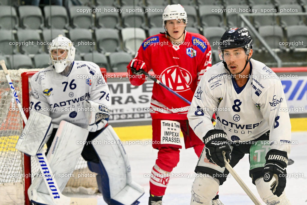 EC KAC Future Team vs. Die Adler Kitzbühl 7.10.2023 | #76 Schubert Thomas EC Kitzbühel, #8 Matzka Moritz EC Kitzbühel, #22 Waschnig Lukas EC KAC FUTURE TEAM, EC KAC Future Team vs. Die Adler Kitzbühl 7.10.2023, EC KAC Future Team vs. Die Adler Kitzbühl am 07.10.2023 in Klagenfurt (Messehalle Klagenfurt), Austria, (Photo by Bernd Stefan)