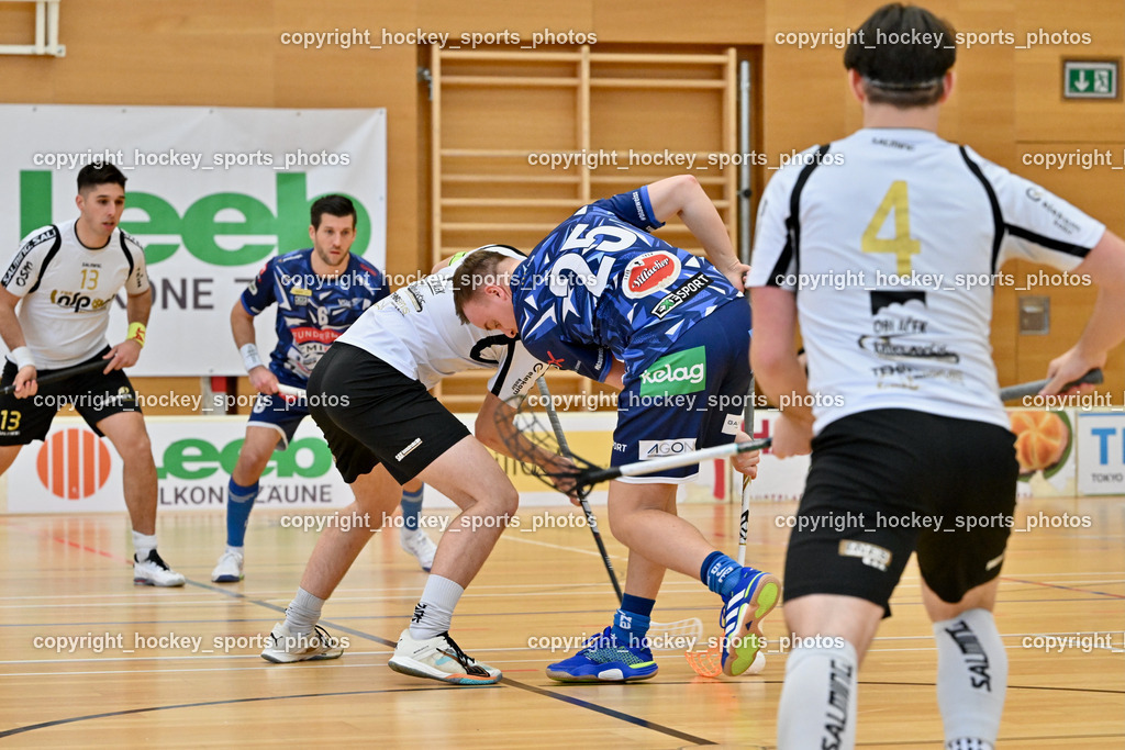 FBK Loka vs. VSV Unihockey | #4 Maj Oman FBK Loka, #25 Jan Blazic VSV Unihockey, #6 Timo Schmid VSV Unihockey, #17 Anze Podobnik FBK Loka, FBK Loka vs. VSV Unihockey, FBK Loka vs. VSV Unihockey am 23.03.2025 in Villach (Ballspielhalle St. Martin), Austria, (Photo by Bernd Stefan)
