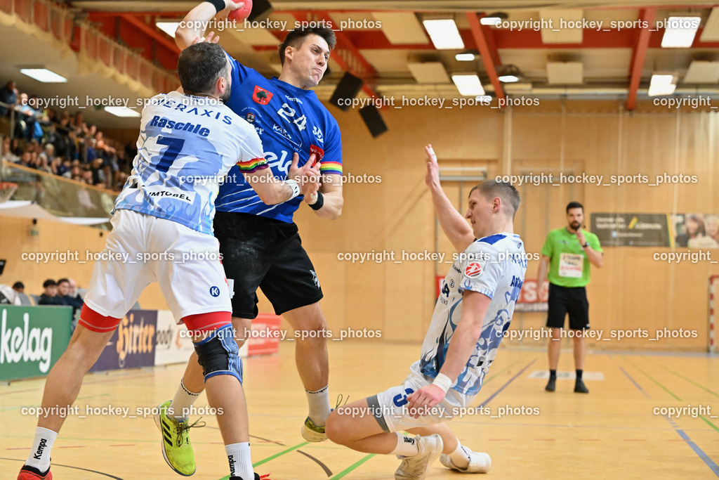 SC Ferlach vs. ALPLA HC Hard 2.3.2024 | #7 RASCHLE Luca HC Hard, #24 JOVANOVIC Mladan SC Ferlach, #3 Antanavicius Karolis HC Hard, SC Ferlach vs. ALPLA HC Hard 2.3.2024, SC Ferlach vs. ALPLA HC Hard am 02.03.2024 in Ferlach (Ballspielhalle Ferlach), Austria, (Photo by Bernd Stefan)