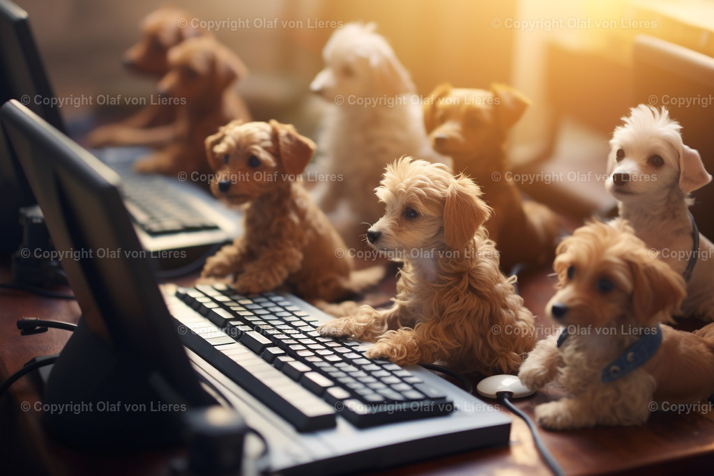 viele kleine Hunde im Büro | kleine Hunde am Schreibtisch