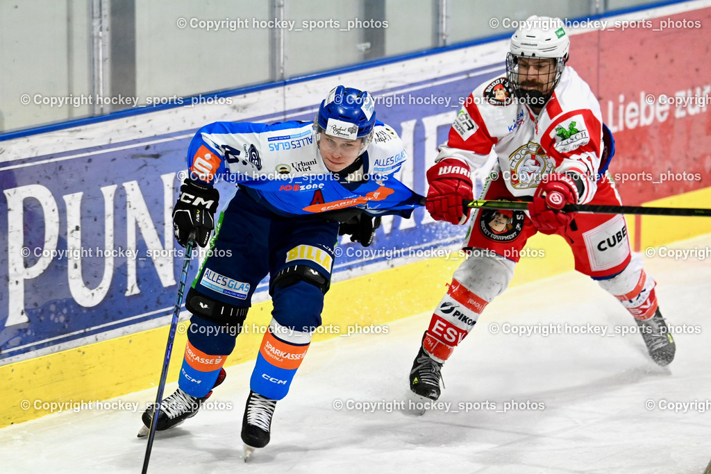 ESC Sparkasse Steindorf vs. ESV Ferlach | #46 Maurer Julian ESC Steindorf, #11 Toff Nico ESV Ferlach, ESC Sparkasse Steindorf vs. ESV Ferlach, ESC Sparkasse Steindorf vs. ESV Ferlach am 22.02.2026 in Steindorf  (Ossiachersee Halle ), Austria, (Photo by Bernd Stefan)