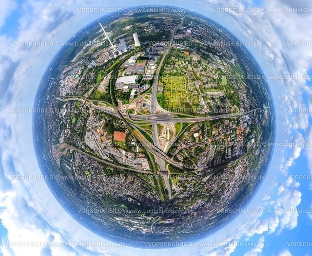 Herne230890075 BAB Kreuz Herne A43 A42 | Luftbild, Autobahnkreuz Herne Großbaustelle, Autobahn A43 und Autobahn A42, Erdkugel, Fisheye Aufnahme, Fischaugen Aufnahme, 360 Grad Aufnahme, tiny world, Baukau-West, Herne, Ruhrgebiet, Nordrhein-Westfalen, Deutschland