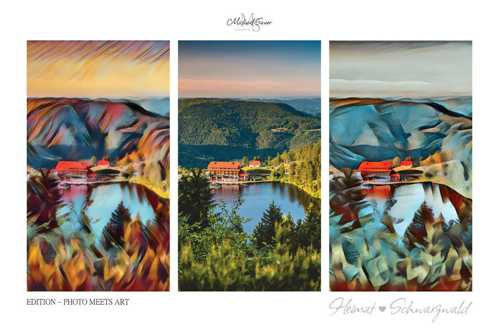 Edition “PHOTO MEETS ART” | Die Edition “PHOTO MEETS ART” ist eine außergewöhnliche Schwarzwald-Bildergalerie für alle Kunstliebhaber. Bei diesen Werken handelt es sich um exklusive Digitalkunst, bei denen mittels künstlicher Intelligenz neue Visualisierungen erschaffen wurden. Das Ergebnis ist eine 3er-Bild-Collage mit der realen Fotografie im Zentrum, flankiert von zwei unterschiedlichen Kunststilen. Natürlich ausschließlich mit Bildern aus dem Schwarzwald! - Realisiert mit Pictrs.com