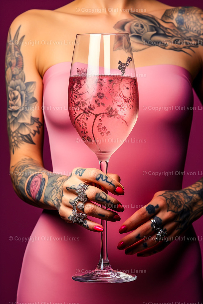 Frau mit Weinglas | tätowierte Frau in pink