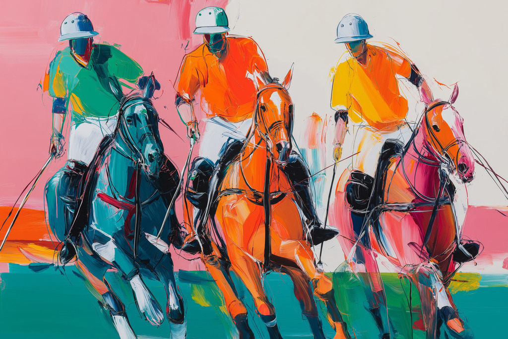 2602055 - Drei Polospieler | Drei Polospieler im kraftvollen Galopp. Expressive Pinselstriche und leuchtende Farbflächen verleihen der Szene Dynamik, Spannung und zeitgenössische Intensität.
