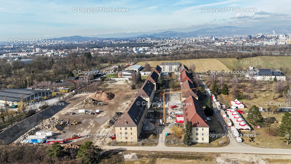 Kasernengelaende Ebelsberg_ Baustelle_ 15.02.2024-13 | 15.02.2024, Linz, AUT, Kasernengelaende Ebelsberg, im Bild Kasernengelaende Ebelsberg, Gebaeude, Heeresgebaeude, Baustelle, LKW, Bagger

Drohne