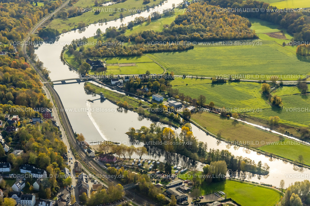 Bochum221100715 | Luftbild, Fluss Ruhr an der Schwimmbrücke Dahlhausen mit Schleuse Dahlhausen, Dahlhausen in Bochum, Ruhrgebiet, Nordrhein-Westfalen, Deutschland