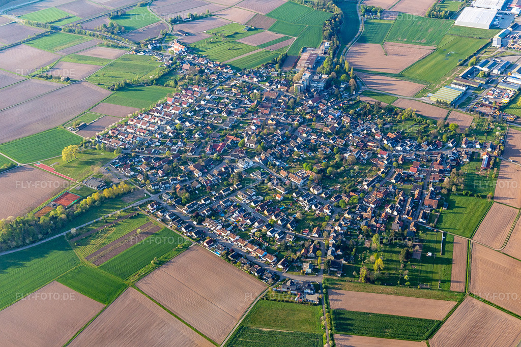Luftbild: Ortsansicht am Rande von landwirtschaftlichen Feldern und Nutzflächen in Hugsweier im Ortsteil Hugsweier in Lahr im Bundesland Baden-Württemberg in Deutschland. Foto: IMG_126580.jpg vom 25.04.2021 durch Werner Riehm/FLY-FOTO.de