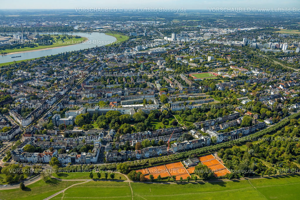 Duesseldorf250902622 | Luftbild, Wohngebiet Ortsansicht Ortsteil Niederkassel und Oberkassel, Bezirkssportanlage Oberkassel, Tennis-Club Düsseldorf Grün-Weiss e.V. 1920 Tennisplätze, Niederkassel, Düsseldorf, Ruhrgebiet, Nordrhein-Westfalen, Deutschland