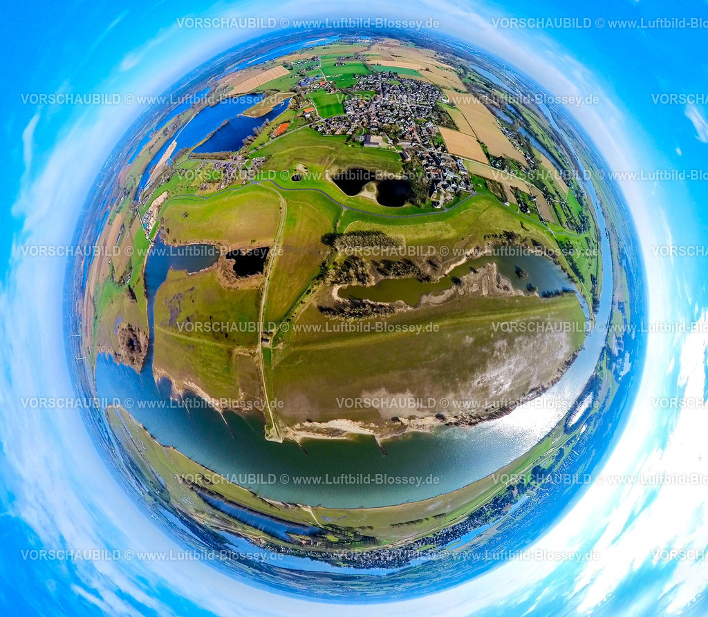 Wesel240390100Wesel-Bislich_Rhein | Luftbild, Rheinaue Bislich-Vahnum Landschaftsschutzgebiet LSG, Wohngebiet Ortsansicht Bislich mit Wiesen und Felder am Fluss Rhein, Erdkugel, Fisheye Aufnahme, Fischaugen Aufnahme, 360 Grad Aufnahme, tiny world, little planet, fisheye Bild, Bislich, Wesel, Nordrhein-Westfalen, Deutschland