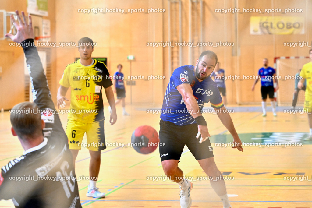 SC Ferlach vs. Bregenz Handball | #16 HÄUSLE Ralf Patrick Bregenz Handball, #57 LEBAN Patrik SC Ferlach, #6 MAHR Markus Bregenz Handball, SC Ferlach vs. Bregenz Handball, SC Ferlach vs. Bregenz Handball am 28.09.2024 in Ferlach (Ballspielhalle Ferlach), Austria, (Photo by Bernd Stefan)