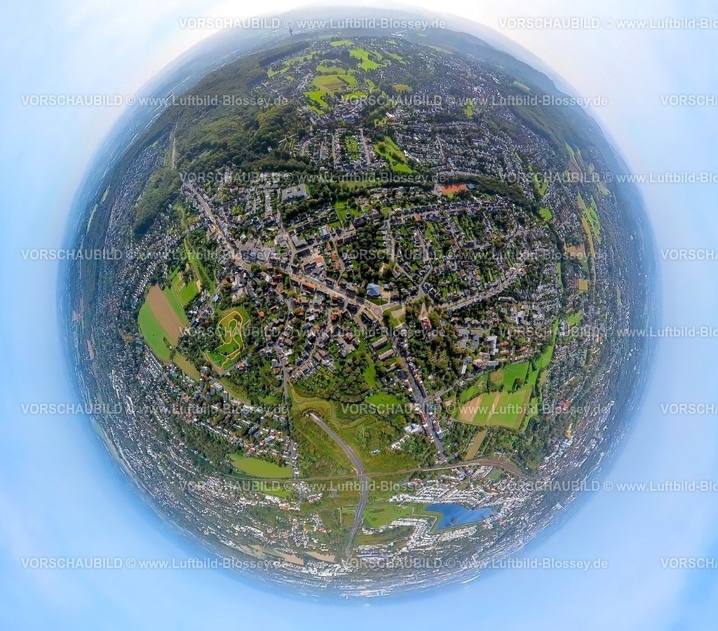 Dortmund231090017Berghofen | Luftbild, Ortsansicht Ortsteil Berghofen, Erdkugel, Fisheye Aufnahme, Fischaugen Aufnahme, 360 Grad Aufnahme, tiny world, Berghofen, Dortmund, Ruhrgebiet, Nordrhein-Westfalen, Deutschland