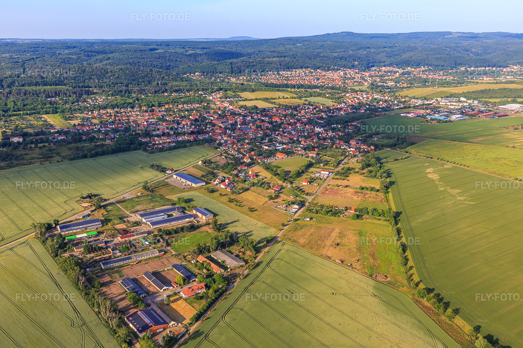 Luftbild: Dorfansicht aus Nordosten mit Buchenhof Ballenstedt im Ortsteil Rieder in Ballenstedt im Bundesland Sachsen-Anhalt in Deutschland. Foto: IMG_148194.jpg vom 14.06.2025 durch Werner Riehm/FLY-FOTO.deBUCHENHOF-BALLENSTEDT.DE