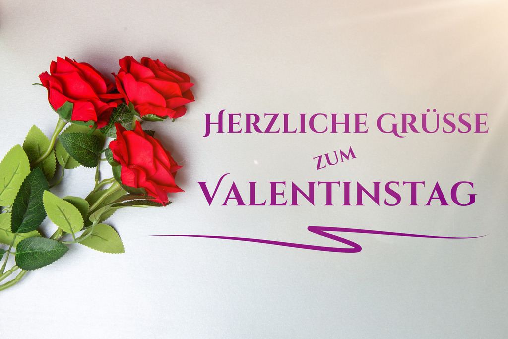 Valentinsgrüße: Rosen und Text HERZLICHE GRÜSSE ZUM VALENTINSTAG vor hellgrauem Hintergrund | Valentinsgrüße: Rosen und Text HERZLICHE GRÜSSE ZUM VALENTINSTAG vor hellgrauem Hintergrund - Realisiert mit Pictrs.com
