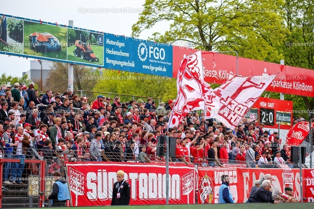 xsefx12042601015 | 12.04.2026, xsefx, Fußball, Regionalliga West, SC Fortuna Köln - FC Schalke 04 II (U23), 29. Spieltag, Südstadion Köln, Saison 2025 2026: Fahnen im Fanblock des SC Fortuna Köln. DFB regulations prohibit any use of photographs as image sequences and or quasi-video. Photo: xSabinexEffgenxPressefotoKochx