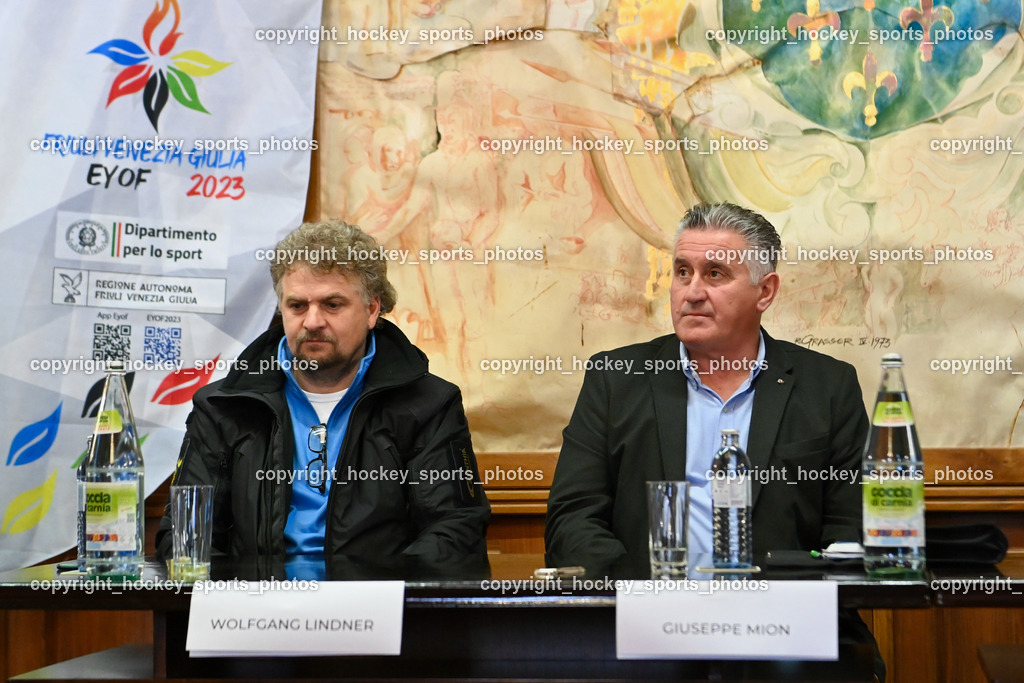 European Youth Olympic Festival EYOF 2023 Pressekonferenz | Präsident EC Hornets Spittal Wolfgang Lindner, Giuseppe Mion, 
