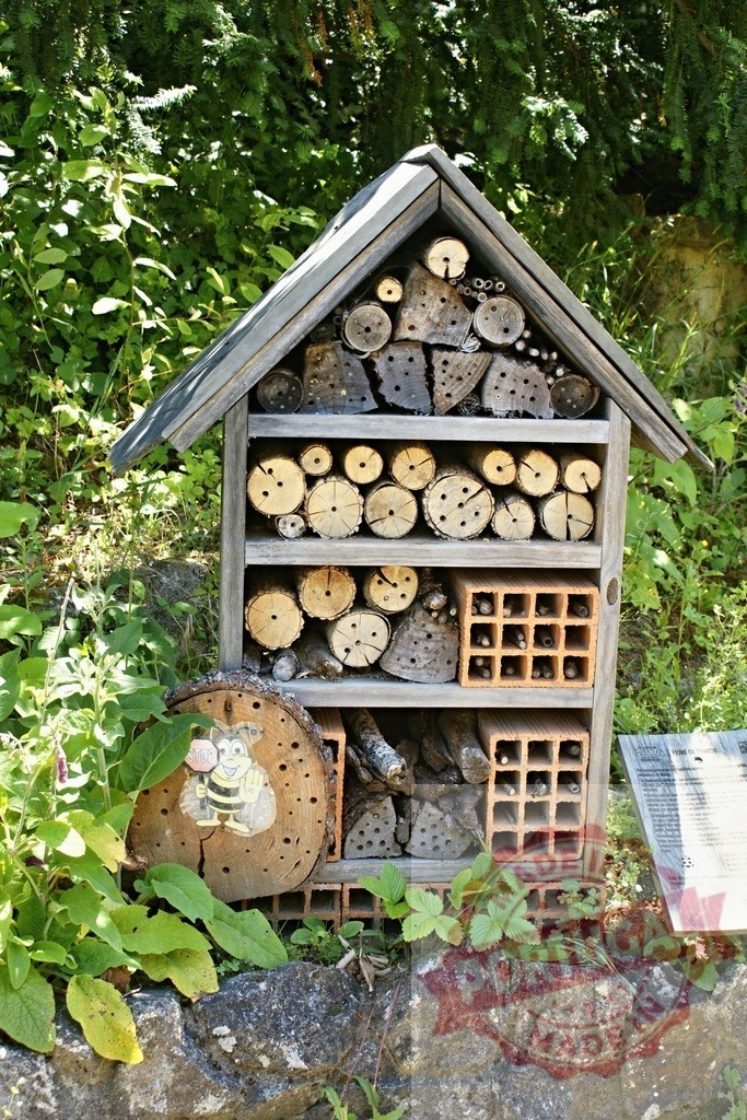 Insect hotel providing habitat for biodiversity conservation in garden | Insect hotel built with wood and bricks, offering shelter for bees and insects in nature - Realized with Pictrs.com