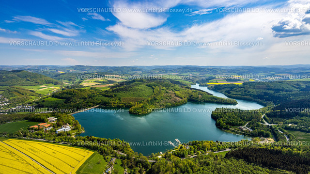 Meschede240505832 | Luftbild, Hennesse und Staudamm Übersicht mit Fernsicht, blauer Himmel mit Wolken, Welcome Hotel Meschede/Hennesee, Berghausen, Meschede, Sauerland, Nordrhein-Westfalen, Deutschland