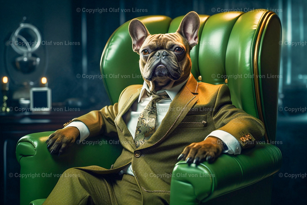 Hunde im Anzug im Sessel | Bulldogge sitzt im Chefsessel