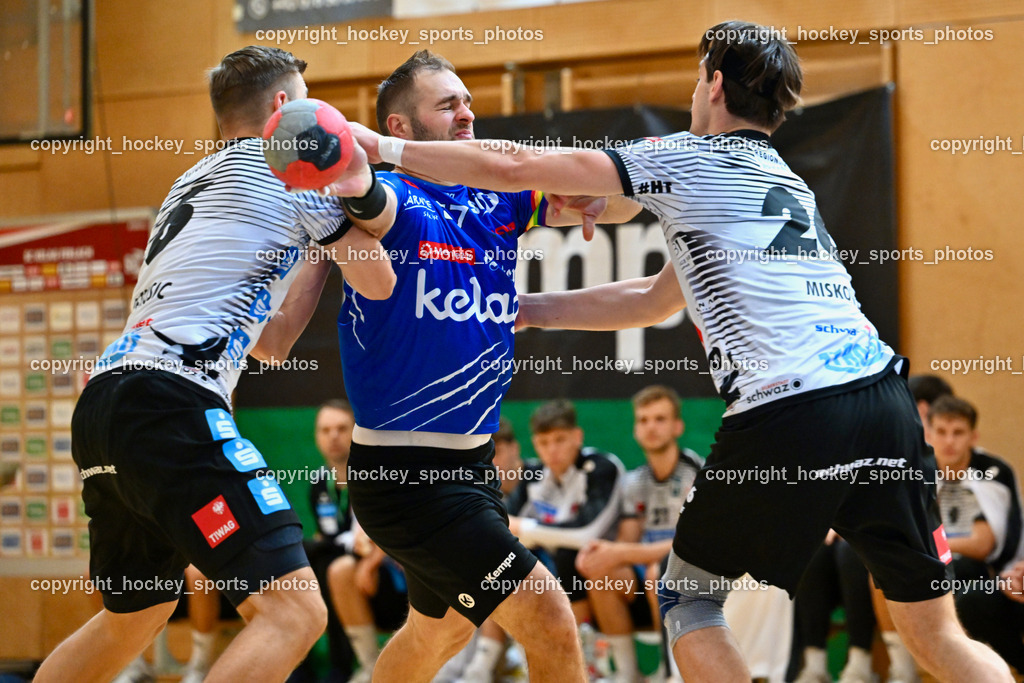 SC Ferlach vs. Schwarz Tirol Handball | #6 PETRUSIC Emanuel Schwaz Tirol Handball, #57 LEBAN Patrik SC Ferlach, #26 MISKOVEZ Michael Schwaz Tirol Handball, SC Ferlach vs. Schwaz Tirol Handball, SC Ferlach vs. Schwaz Tirol Handball am 12.10.2024 in Ferlach (Ballspielhalle Ferlach), Austria, (Photo by Bernd Stefan)