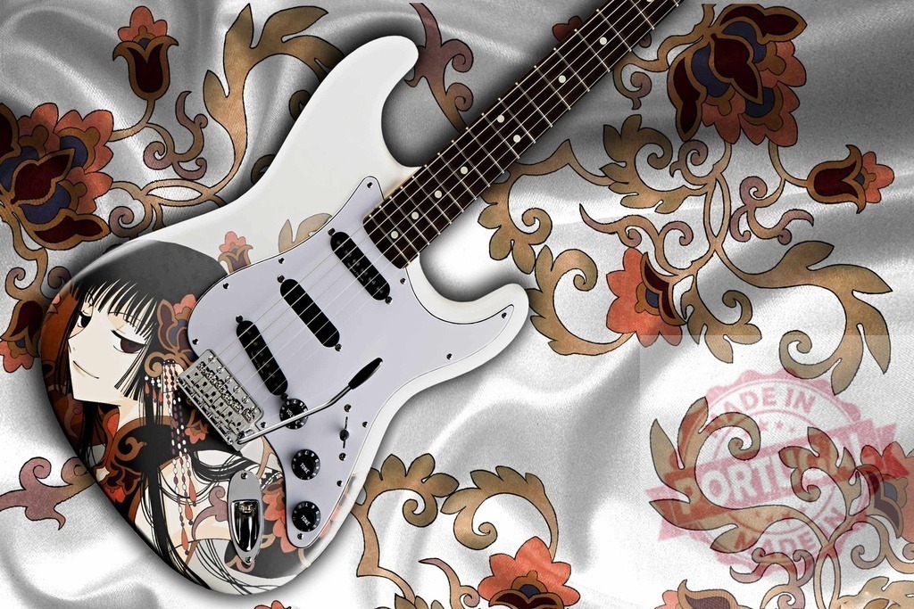 White electric guitar with anime girl decoration lying on floral patterned silk cloth | White electric guitar decorated with drawing of anime girl lying on white silk cloth with floral pattern - Realisiert mit Pictrs.com
