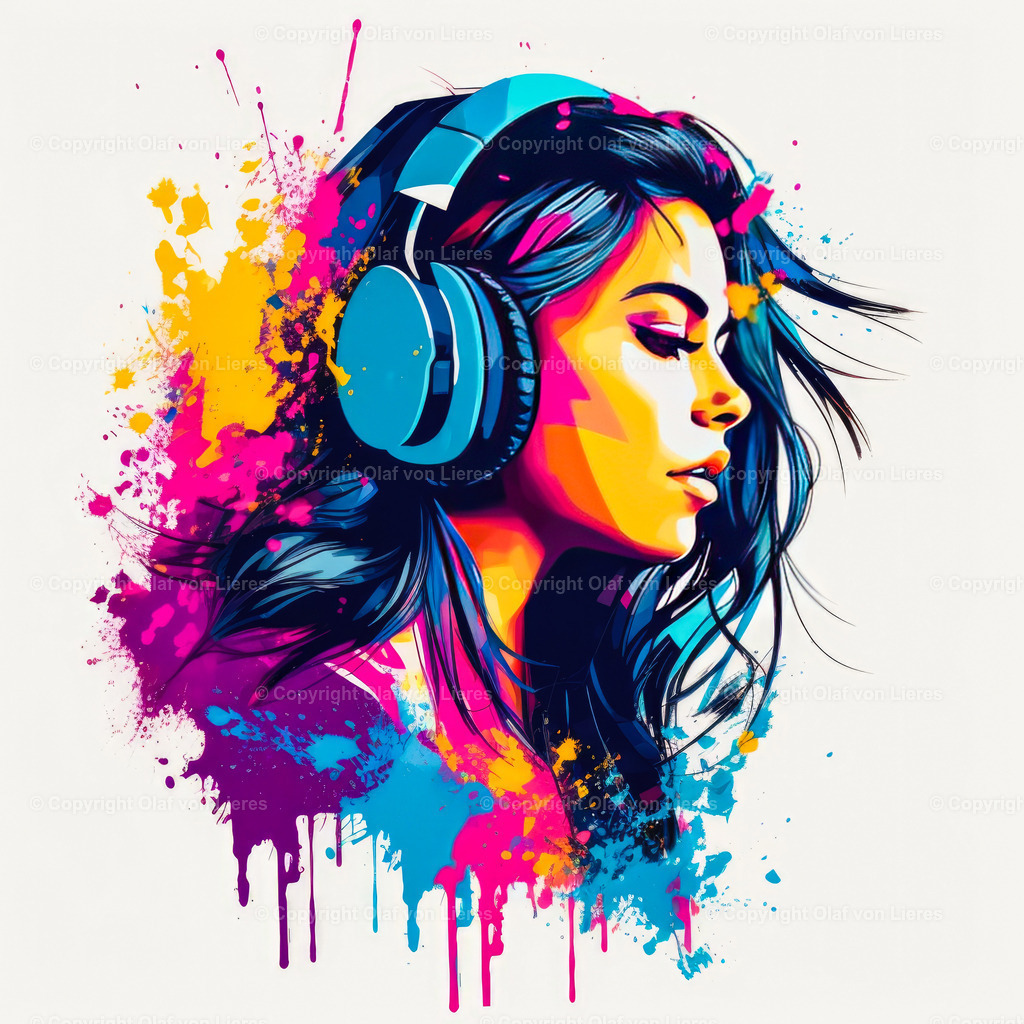 farbenfroh Frau mit Kopfhörern | bunte gezeichnete Frau Art