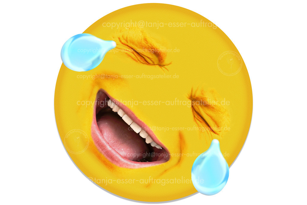 Emotionales Gesicht eines Mannes dem vor Lachen die Tränen laufen | Ein Mann, Mitte 40, lacht. Die Gesichtszüge weisen eine Vielzahl von Mimiken auf. Tränen der Freude laufen aus seinen Augen. Das Gesicht ist kreisförmig ausgeschnitten und vor einem weißen Hintergrund isoliert.