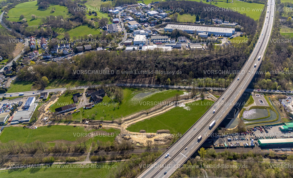 Witten220401270 | Luftbild, Autobahn A43 an der Anschlussstelle  Witten-Herbede, Renaturierung des Kamperbachs, Westherbede, Witten, Ruhrgebiet, Nordrhein-Westfalen, Deutschland