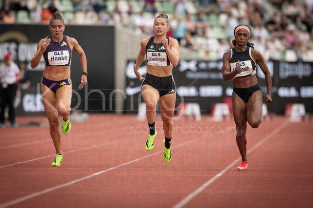 Golden Oval; Dresden, 31.05.2026 | DRESDEN , GERMANY - MAY 31: Rebekka Haase (GER / Germany), Gina Lueckenkemper (GER / Germany), Sade McCreath (CAN / Canada) competing in the 100m final of the Golden Oval Continental Tour Silver meeting on May 31, 2026 at Heinz-Steyer-Stadion in Dresden, Saxony, Germany.
