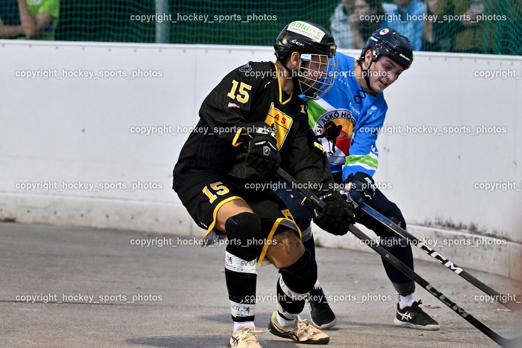 ASKÖ Hockey Villach vs. VAS Ballhockey  | #15 Kronig Daniel VAS Villach, #10 RASPOTNIG Julian ASKÖ Villach Hockey, ASKÖ Hockey Villach vs. VAS Ballhockey , ASKÖ Hockey Villach vs. VAS Ballhockey  am 06.07.2025 in Villach (Alpen Arena ), Austria, (Photo by Bernd Stefan)