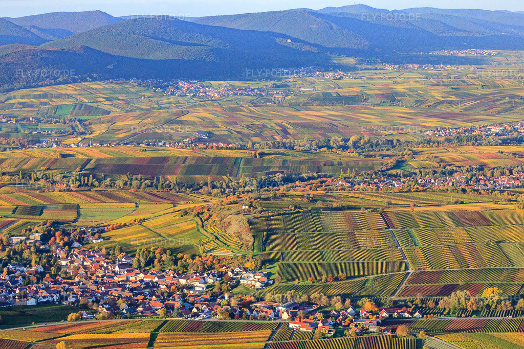 Luftbild: Naturschutzgebiet kleine Kalmit über dem Winzerdorf in Ilbesheim bei Landau im Bundesland Rheinland-Pfalz in Deutschland. Foto: IMG_60594.jpg vom 24.10.2013 durch Werner Riehm/FLY-FOTO.de