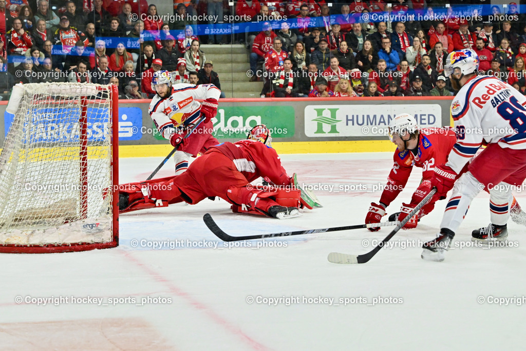 EC KAC vs. EC Red Bull Salzburb | #21 Bourke Troy Wayne EC RED BULL SALZBURG,  #32 Dahm Sebastian EC KAC, #82 Nickl Thimo EC KAC, #89 Baltram Florian EC RED BULL SALZBURG,  EC KAC vs. EC Red Bull Salzburb, EC KAC vs. EC Red Bull Salzburb am 04.04.2025 in Klagenfurt (Heidi Horten Arena), Austria, (Photo by Bernd Stefan)