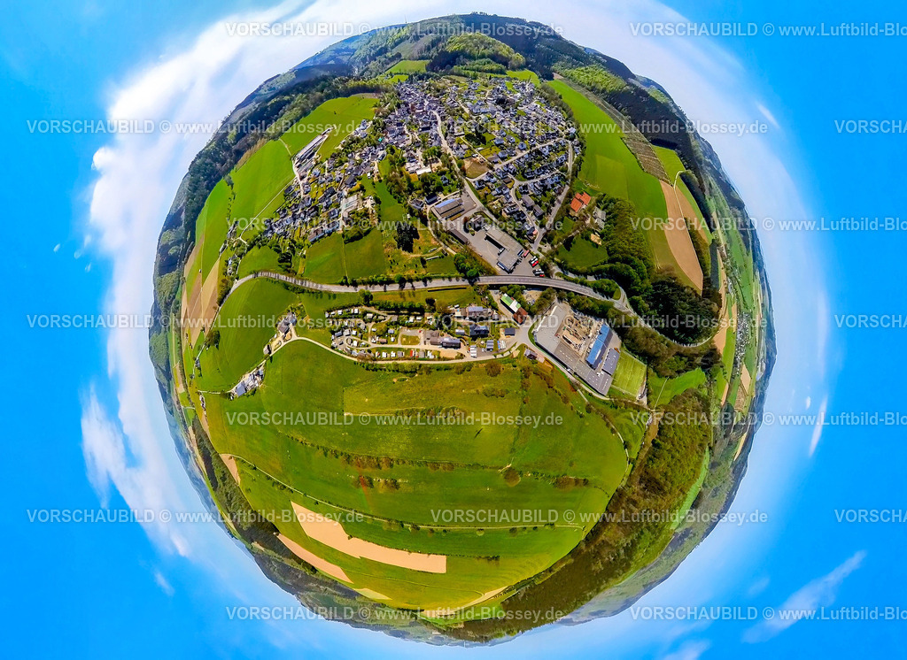 Schmallenberg240590296Boedefeld | Luftbild, Wohngebiet Ortsansicht Ortsteil Bödefeld umgeben von Wiesen und Feldern, Bergkette, Erdkugel, Fisheye Aufnahme, Fischaugen Aufnahme, 360 Grad Aufnahme, tiny world, little planet, fisheye Bild, Bödefeld, Schmallenberg, Sauerland, Nordrhein-Westfalen, Deutschland