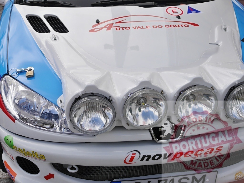 Peugeot rally car front view with auxiliary lights | Peugeot 206 rally car showing front lighting module, hood, and branding - Realisiert mit Pictrs.com