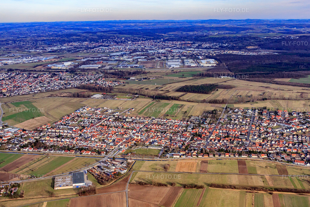 Luftbild: Ortsansicht von Westen im Ortsteil Neuthard in Karlsdorf-Neuthard im Bundesland Baden-Württemberg in Deutschland. Foto: IMG_24611.jpg vom 27.02.2010 durch Werner Riehm/FLY-FOTO.de