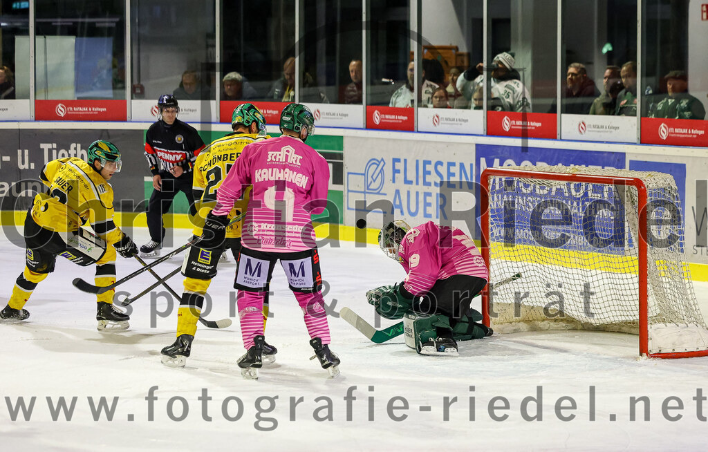 2025-10-28_079_TSV_Erding_gegen_Toelzer_Loewen | Erding, Deutschland, 28.10.2025:Eishockey, Oberliga Süd 2025 / 2026, 13. Spieltag, TSV Erding gegen Tölzer Löwen, Endergebnis: 2:5Nicolas Sauer (Tölzer Löwen, #13), Sandro Schönberger (Tölzer Löwen, #27), Jesse Kauhanen (Erding Gladiators, #4), Torwart Leon Meder (Erding Gladiators, #39)Foto: Christian Riedel / fotografie-riedel.net