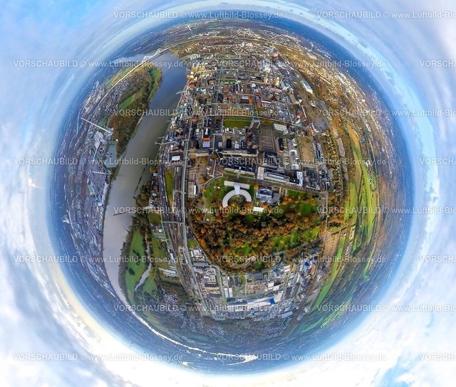 Leverkusen231190027BayerLeverkusenChemiewerk-topaz | Luftbild, Chempark Leverkusen Chemiepark (ehemals Bayerwerk) am Fluss Rhein, halbrundes Gebäude der Konzernzentrale Bayer AG, umgeben von herbstlichen Laubbäumen, Erdkugel, Fisheye Aufnahme, Fischaugen Aufnahme, 360 Grad Aufnahme, tiny world, little planet, fisheye Bild, Wiesdorf, Leverkusen, Rheinland, Nordrhein-Westfalen, Deutschland