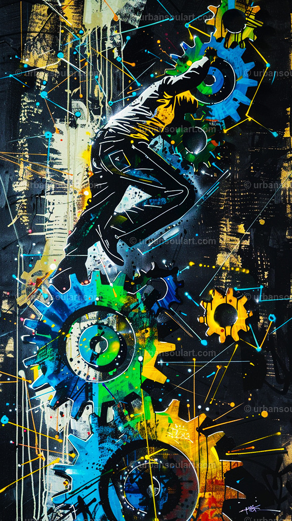 Man Climbing On Gears | A striking canvas of a climber navigating giant gears with vibrant industrial details. Great for spaces inspired by motivation and resilience. - Realisiert mit Pictrs.com