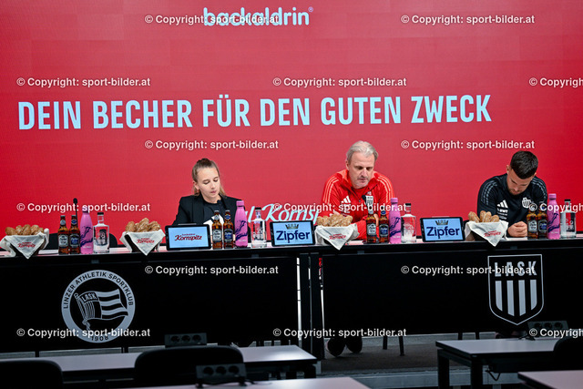 AUT, Lask Linz Pressekonferenz | 04.10.2024, Raiffeisen Arena Linz, AUT, Pressekonferenz zum Spieltag 06.10.24 Lask v SK Austria Klagenfurt, im Bild   Pressesprecherin Nathalie Melcher of Lask,  Head Coach Markus Schopp of Lask, Sascha Horvath of Lask