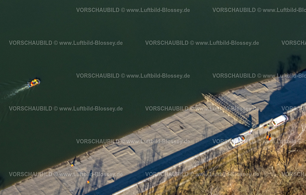 Herdecke250303211a | Luftbild, RWE Pumpspeicherbecken Koepchenwerk und Boot der DLRG bei einer Übung, Herdecke, Ruhrgebiet, Nordrhein-Westfalen, Deutschland