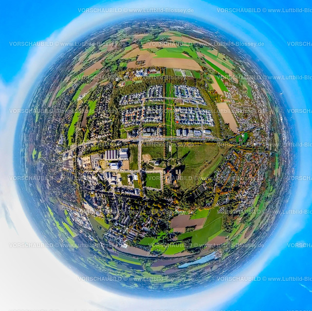 neukirchen-Vluyn20221006_5 | Luftbild, Wohnquartier Niederberg, Neubaugebiet Dicksche Heide, Fisheye Aufnahme, Fischaugen Aufnahme, 360 Grad Aufnahme, Neukirchen, Neukirchen-Vluyn, Fisheyeaufnahme, Ruhrgebiet, Nordrhein-Westfalen, Deutschland