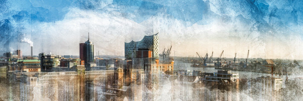 10260803 - Abstrakter Panoramablick auf Hamburg | Panoramablick auf die Speicherstadt, die Elbphilharmonie und den Hafen in einer abstrakten kunstvollen Bearbeitung.