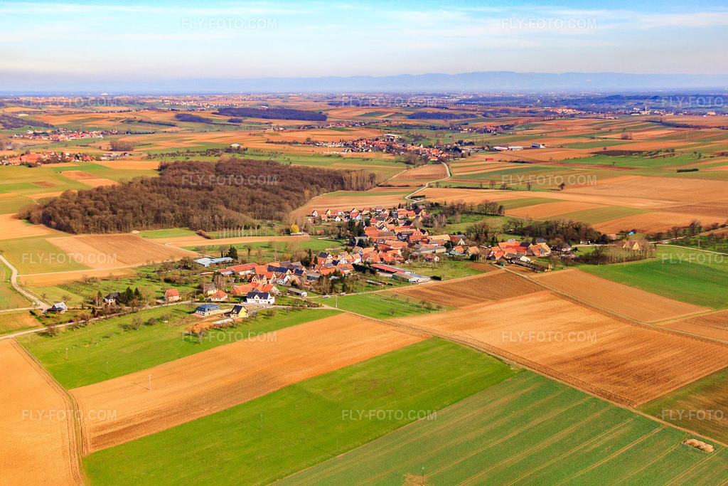 Aerial view: View of the town from the west in Geiswiller in the state Bas-Rhin, France. – Photo: IMG_38582.jpg taken on 03/20/2011 by Werner Riehm/FLY-FOTO.com – Resolution of the original: 4752 x 3168 px
