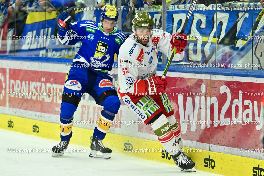 EC VSV vs. HC Bozen 16.2.2024 | #78 MAXA Felix,  #62 Teves Joshua, EC VSV vs. HC Bozen 16.2.2024, EC VSV vs. HC Bozen 16.2.2024 am 16.02.2024 in Villach (Stadthalle Villach), Austria, (Photo by Bernd Stefan)