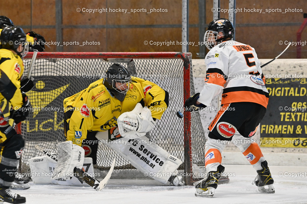 EC Hornets Spittal vs. USC Piraten Velden 18.2.2024 | #1 Zauchner Rene EC Hornets Spittal, #5 Ofner Niklas USC Velden, EC Hornets Spittal vs. USC Piraten Velden 18.2.2024, EC Hornets Spittal vs. USC Piraten Velden 18.2.2024 am 18.02.2024 in Spittal an der Drau (Eissportzentrum Spittal), Austria, (Photo by Bernd Stefan)